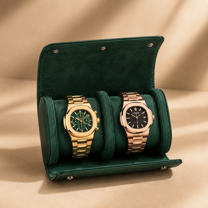 Étui à montre en cuir vert ouvert avec 2 montres – vue 2