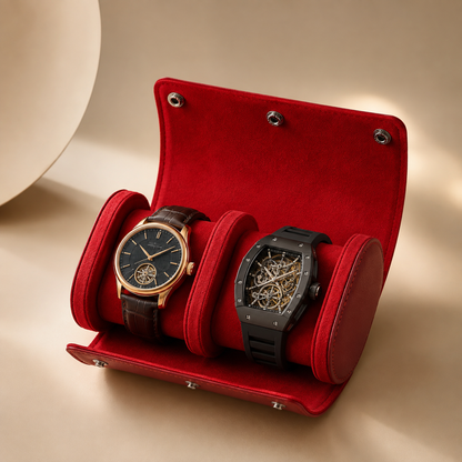 Étui à montre en cuir rouge ouvert avec 2 montres – vue 3