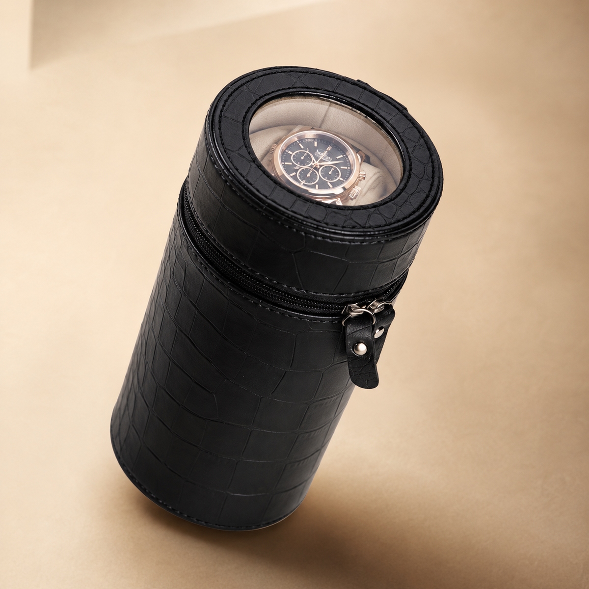 Remontoir à montre automatique en cuir noir effet croco, fenêtre ronde transparente avec dragonne