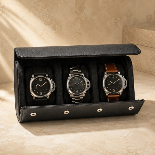 Étui à montre en cuir noir ouvert avec 3 montres – vue 2