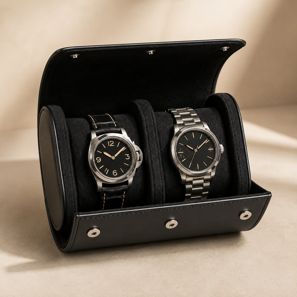 Étui de voyage à montres en cuir noir, ouvert avec 2 montres, sur fond clair