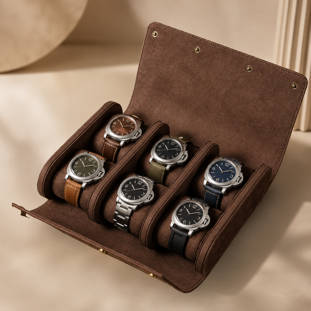 Étui à montres en cuir marron ouvert avec 6 montres – vue 2