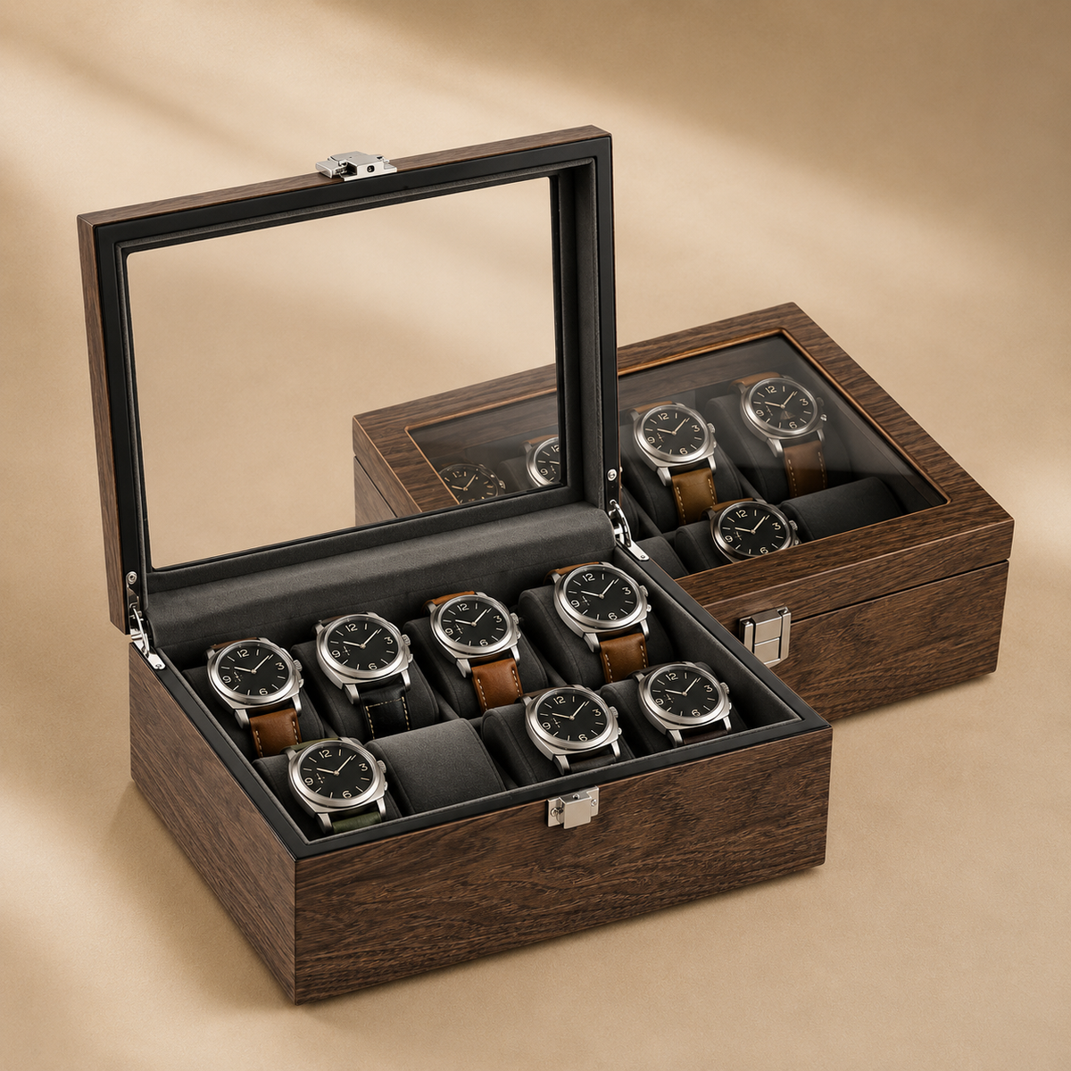 Boîte à montres en bois de noyer noir, ouverte avec 8 montres, en décor avec une seconde boîte fermée