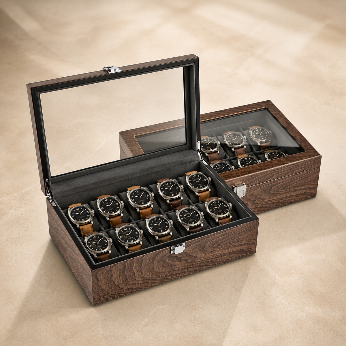 Boîte à montres en bois de noyer noir, ouverte avec 10 montres, avec une seconde boîte identique fermée à côté