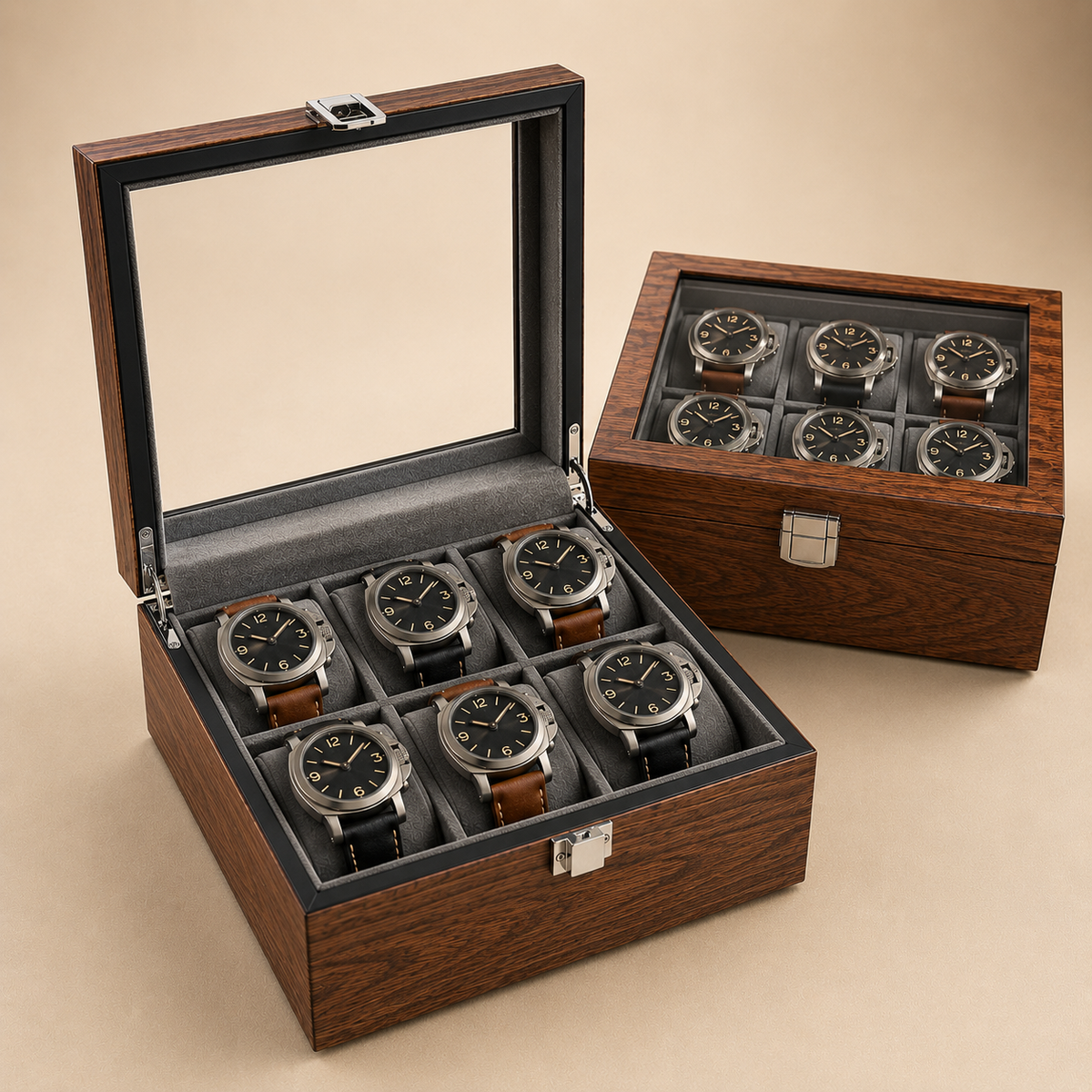 Boîte à montres en bois de noyer noir, ouverte avec 6 montres, en décor avec une seconde boîte fermée