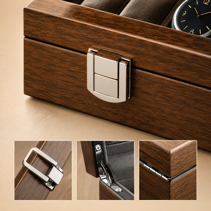 Détail de la boîte à montres en bois de noyer noir : fermoir métallique, charnières et coin de la boîte