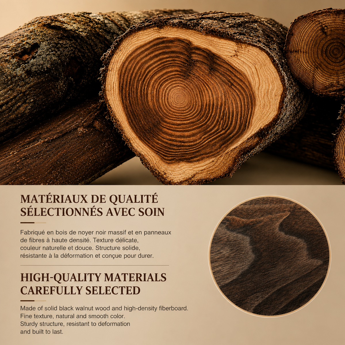 Infographie présentant le bois de noyer noir massif utilisé pour la boîte à montres