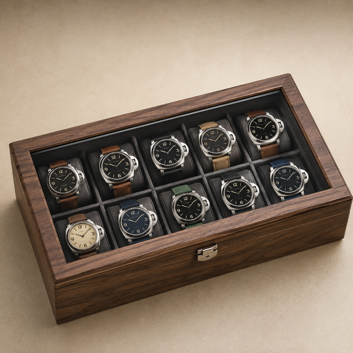 Boîte à montres en bois de noyer noir, fermée, couvercle vitré laissant voir 10 montres