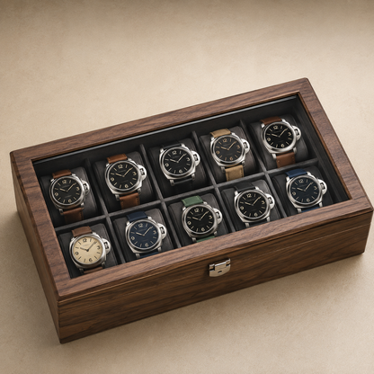 Boîte à montres en bois de noyer noir, fermée, couvercle vitré laissant voir 10 montres