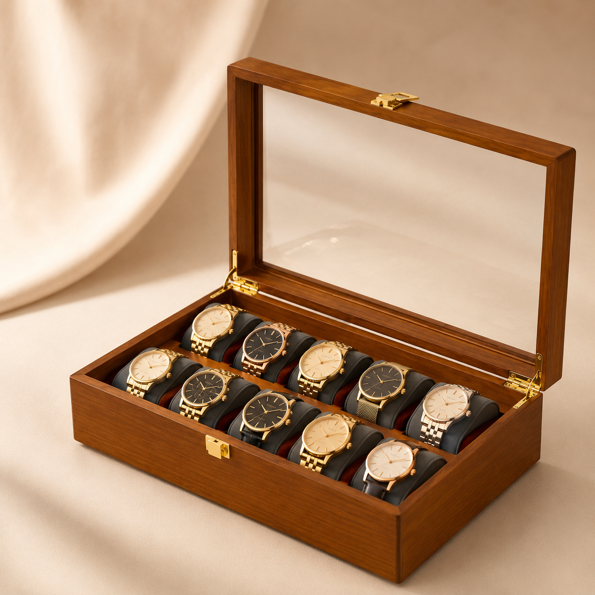 Boîte à montres en bois massif clair, ouverte avec 10 montres différentes, en décor