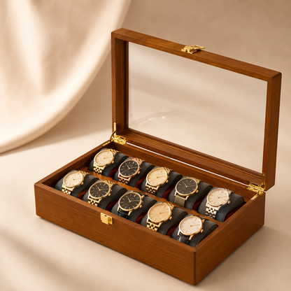 Boîte à montres en bois massif clair, ouverte avec 10 montres différentes, en décor