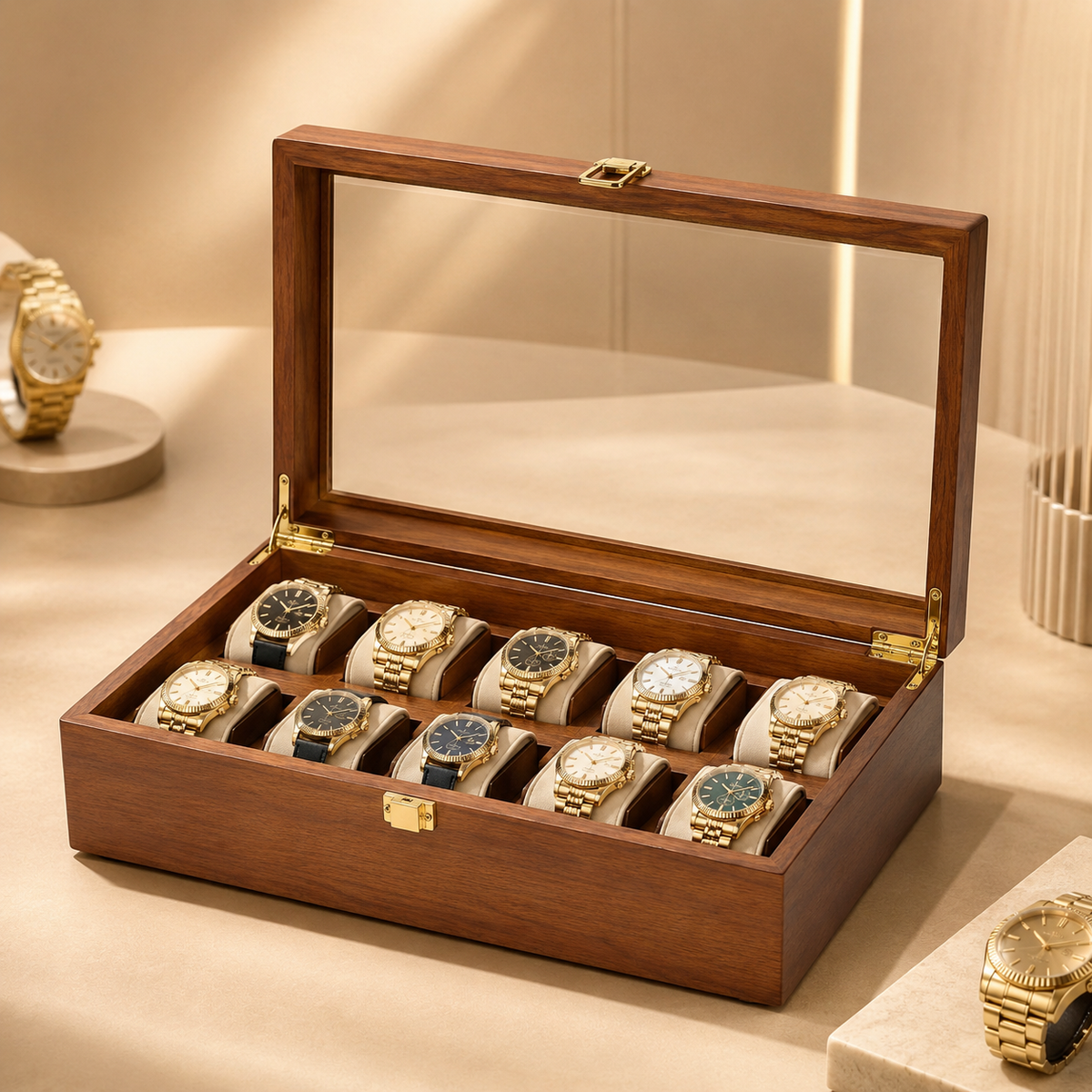 Boîte à montres en bois massif foncé avec des montres, dont deux posées à part sur des présentoirs