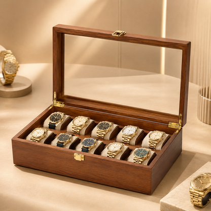 Boîte à montres en bois massif foncé avec des montres, dont deux posées à part sur des présentoirs