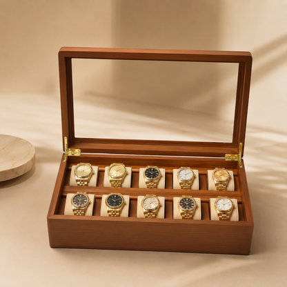 Boîte à montres en bois massif clair, ouverte avec 10 montres dorées, en décor