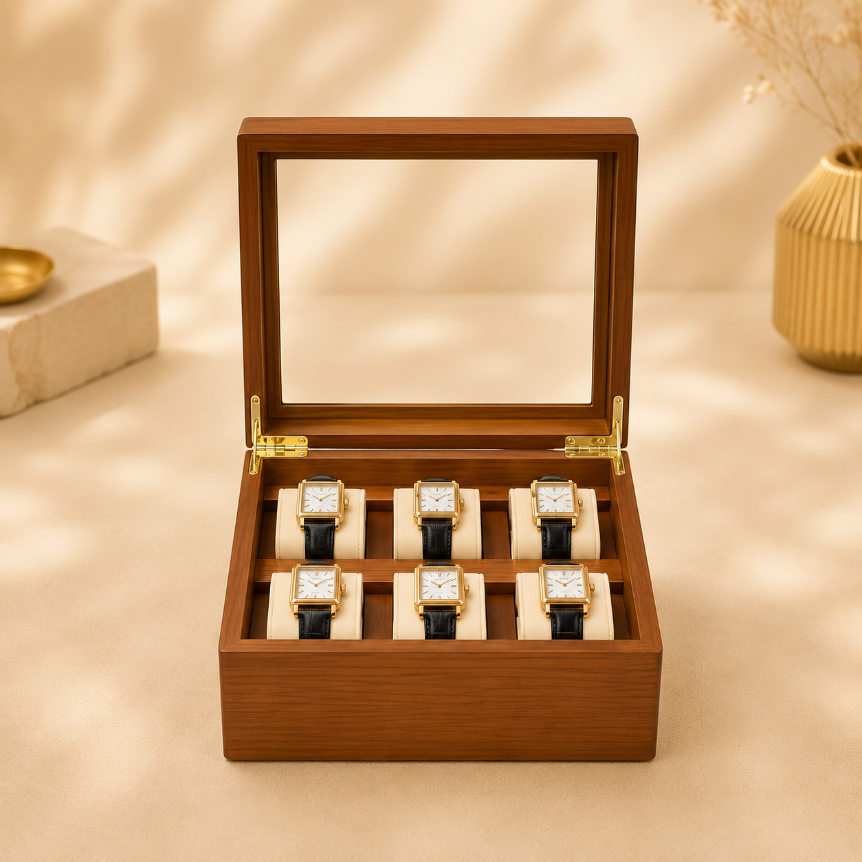 Boîte à montres en bois massif clair, ouverte avec 6 montres, en décor
