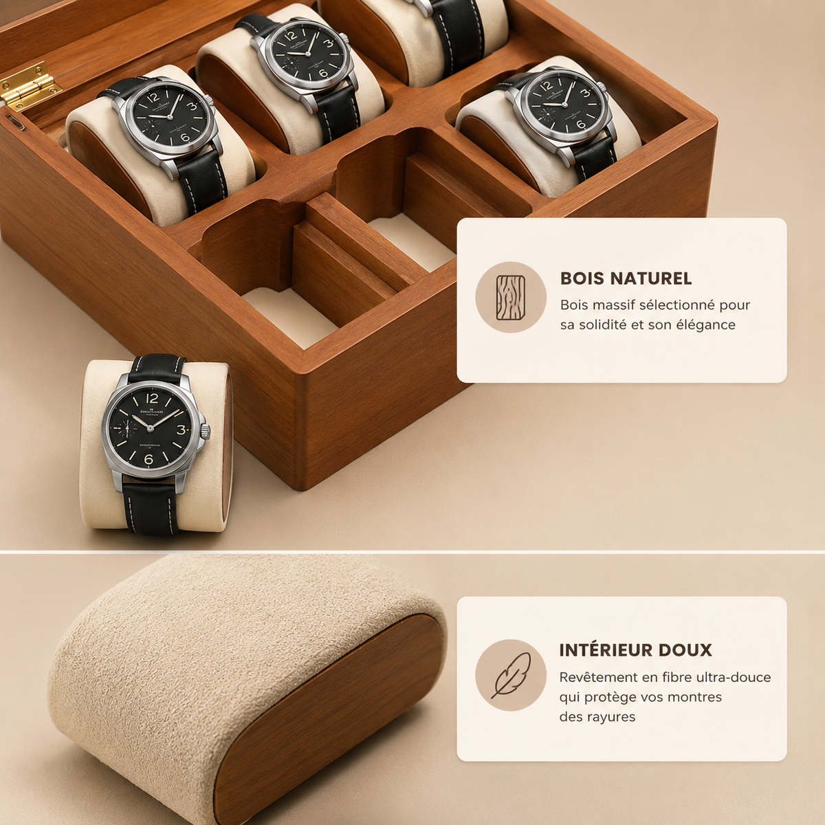 Infographie présentant le bois massif naturel et l'intérieur doux de la boîte à montres