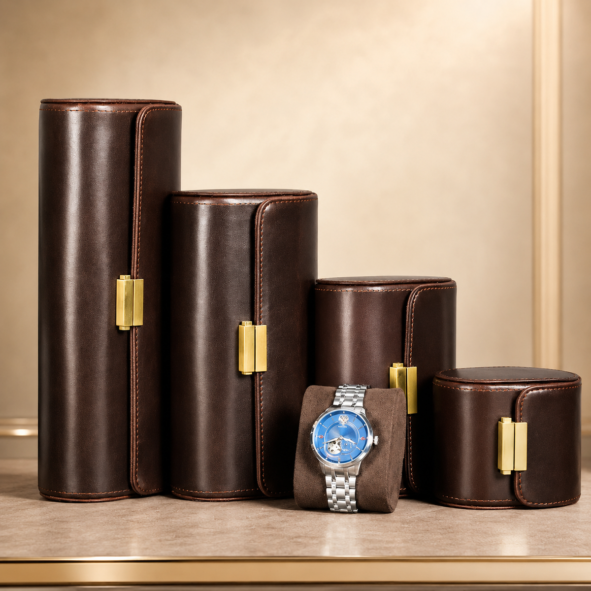 Gamme d'étuis à montres en cuir marron de différentes tailles, fermés, avec une montre posée à part
