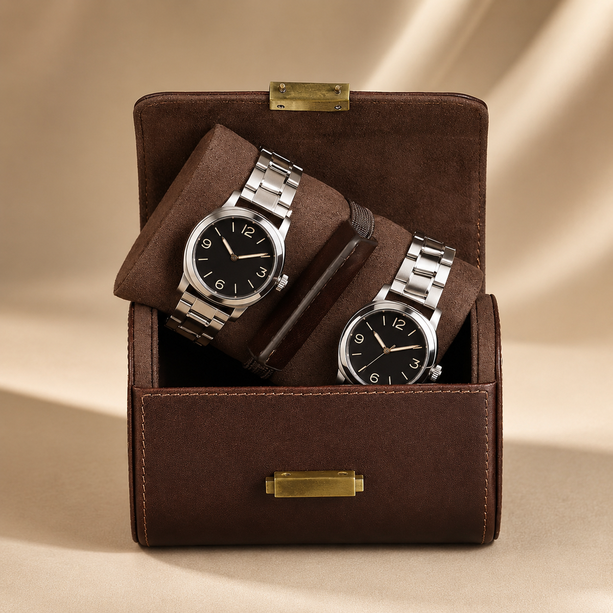 Étui de voyage à montres en cuir pleine fleur marron, ouvert avec 2 montres, en décor