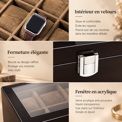 Détails de la boîte à montres : intérieur en velours, fermeture métallique et fenêtre en acrylique