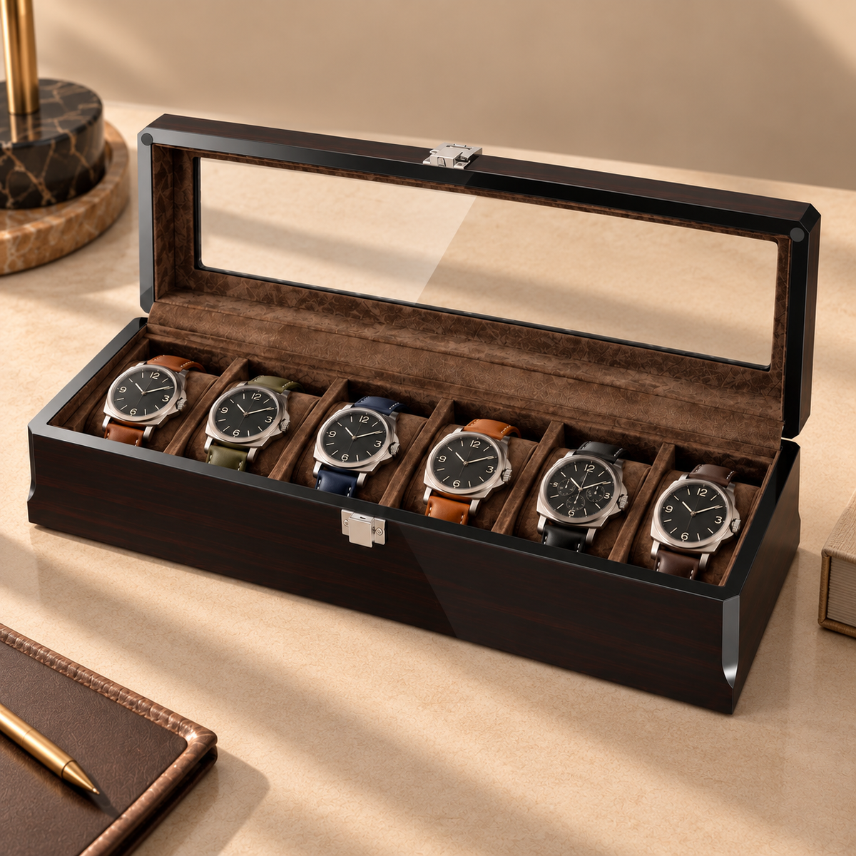 Boîte à montres en bois laqué foncé, ouverte avec 6 montres, en décor de bureau