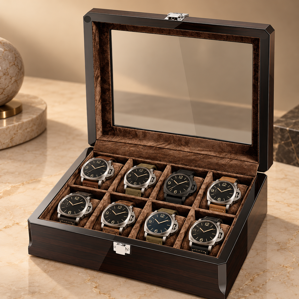Boîte à montres en bois laqué ébène, ouverte avec 8 montres, sur marbre