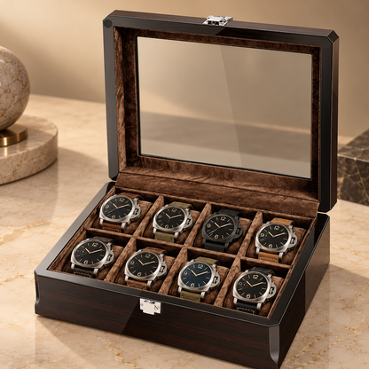 Boîte à montres en bois laqué ébène, ouverte avec 8 montres, sur marbre
