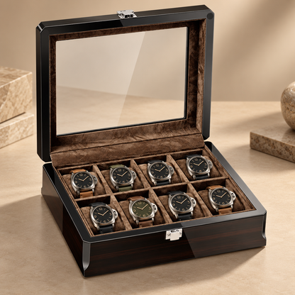 Boîte à montres en bois laqué ébène, ouverte avec 8 montres, en décor