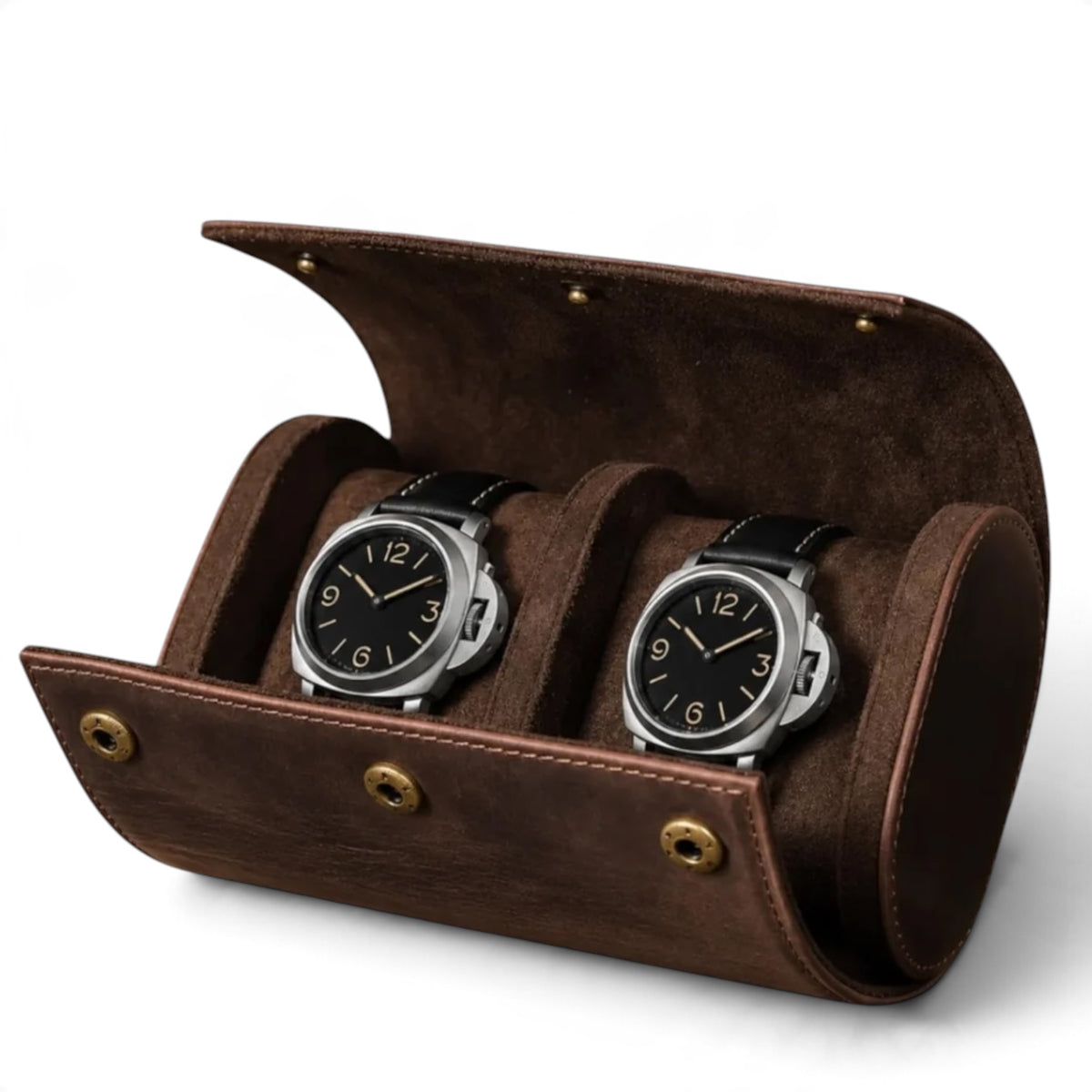 Étui à Montres de Voyage en Cuir Nubuck Marron – 2 montres