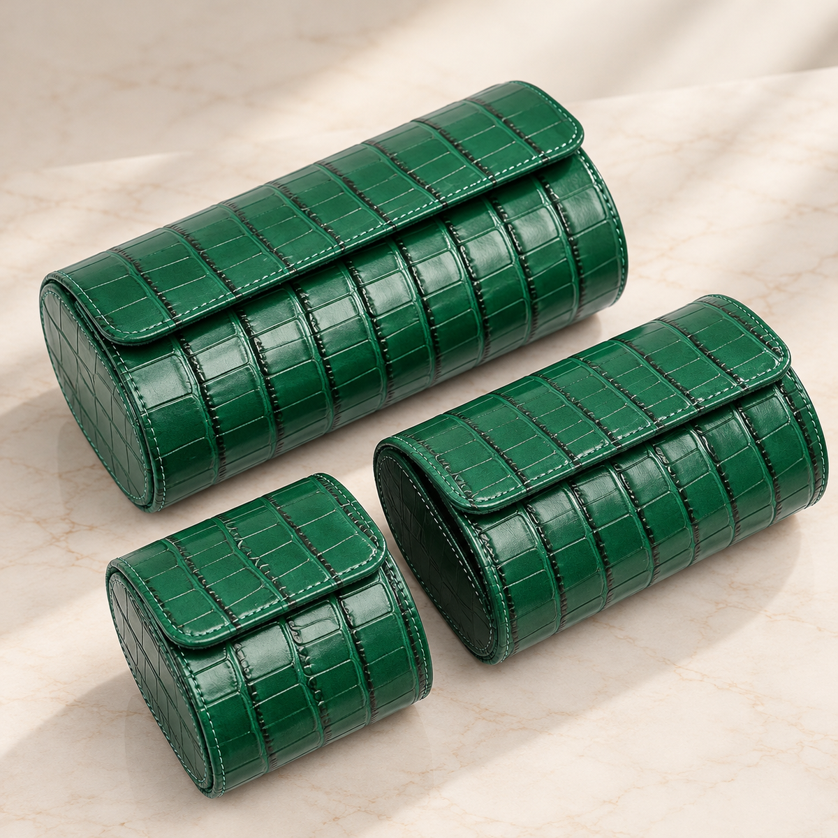 Lot de 3 Étuis à Montre en Cuir PU Vert effet crocodile – 1, 2 et 3 Montres