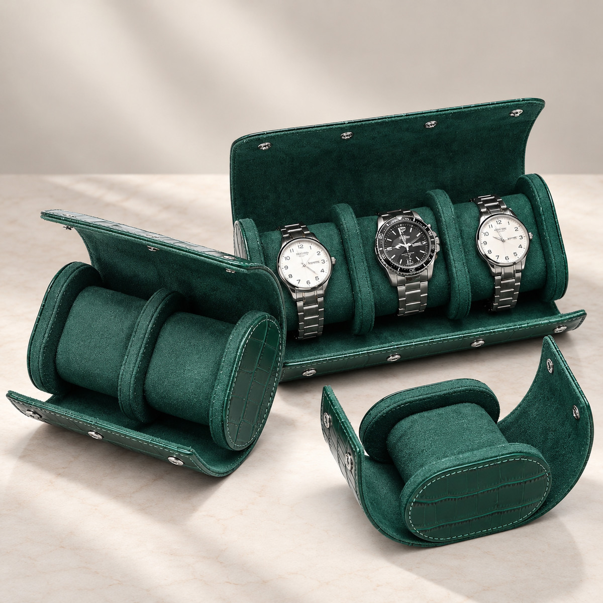 Lot de 3 Étuis à Montre en Cuir PU Vert effet crocodile – 1, 2 et 3 Montres