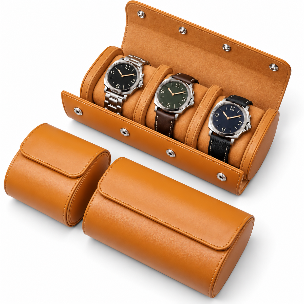 Lot de 3 Étuis à Montre en Cuir Caramel PU – 1, 2 et 3 Montres