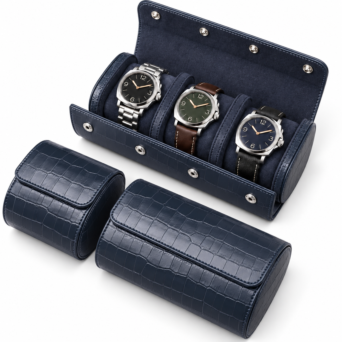 Lot de 3 Étuis à Montre en Cuir PU Bleu effet crocodile – 1, 2 et 3 Montres