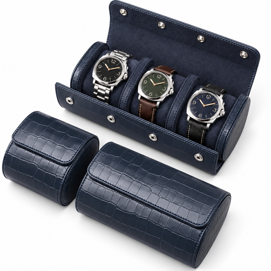 Lot de 3 Étuis à Montre en Cuir PU Bleu effet crocodile – 1, 2 et 3 Montres