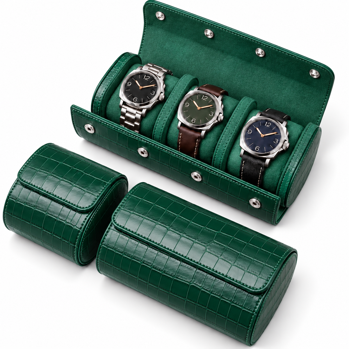 Lot de 3 Étuis à Montre en Cuir PU Vert effet crocodile – 1, 2 et 3 Montres