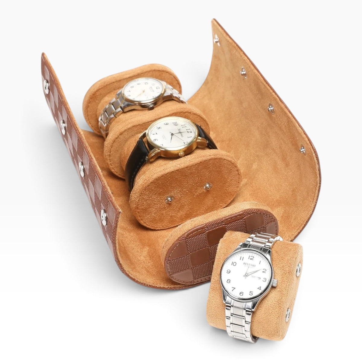 Lot de 3 Étuis à Montre en Cuir PU Matelassé Caramel – 1, 2 et 3 Montres