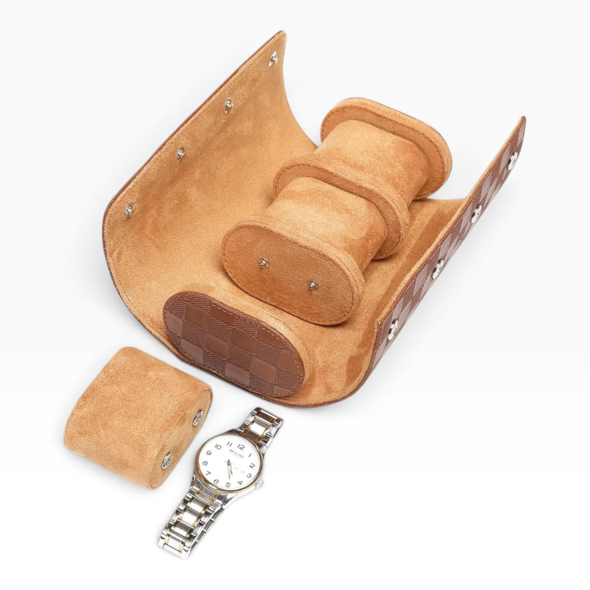Lot de 3 Étuis à Montre en Cuir PU Matelassé Caramel – 1, 2 et 3 Montres