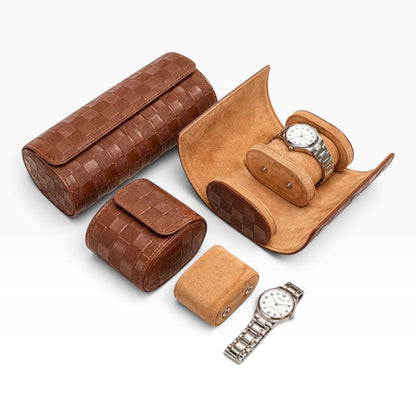 Lot de 3 Étuis à Montre en Cuir PU Matelassé Caramel – 1, 2 et 3 Montres