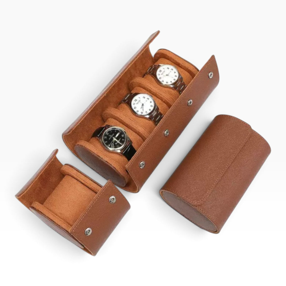 Lot de 3 Étuis à Montre en Cuir Marron PU – 1, 2 et 3 Montres