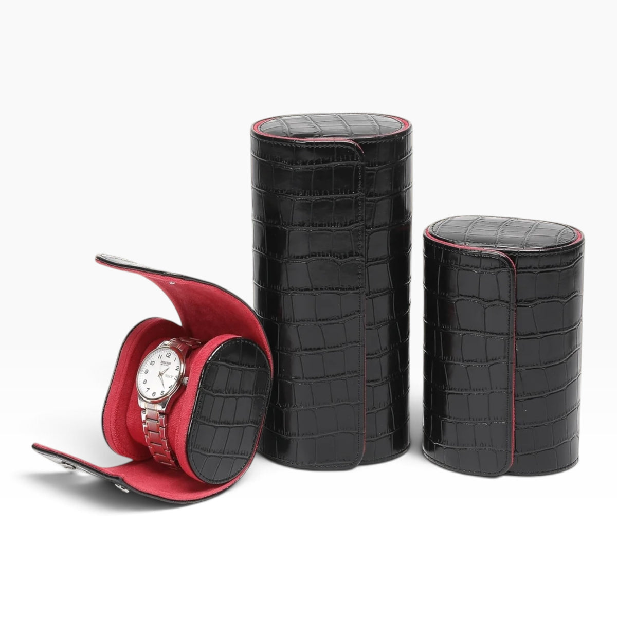 Lot de 3 Étuis à Montre en Cuir PU Noir effet crocodile – 1, 2 et 3 Montres