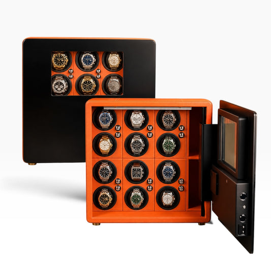 Coffre-fort remontoir automatique, coffre noir 6 montres et coffre orange 12 montres, porte vitrée ouverte