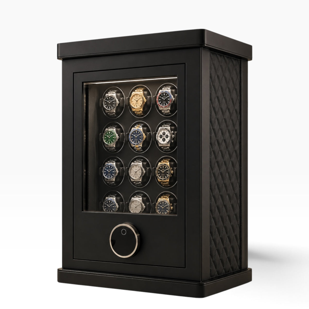 Coffre-fort remontoir automatique noir avec 12 montres, porte vitrée fermée et scanner d'empreinte digitale