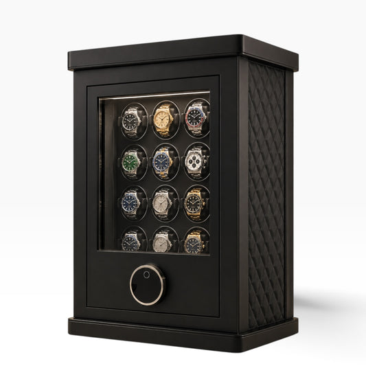 Coffre-fort remontoir automatique noir avec 12 montres, porte vitrée fermée et scanner d'empreinte digitale