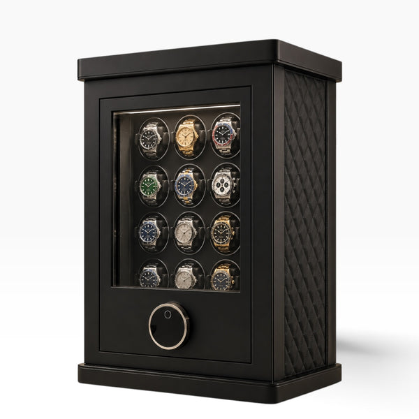 Coffre-fort remontoir automatique noir avec 12 montres, porte vitrée fermée et scanner d'empreinte digitale