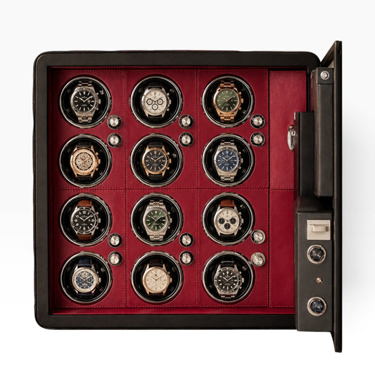 Coffre-fort remontoir automatique noir, intérieur rouge bordeaux, 12 montres, porte ouverte