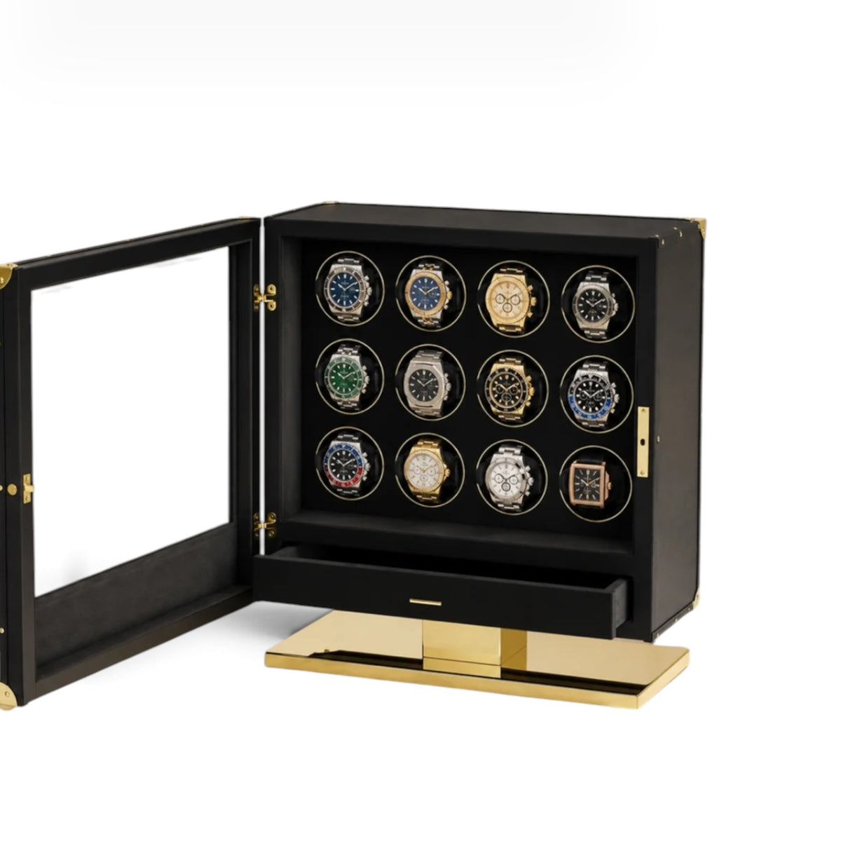 Remontoir automatique noir avec 12 montres, porte vitrée ouverte, tiroir de rangement, socle doré
