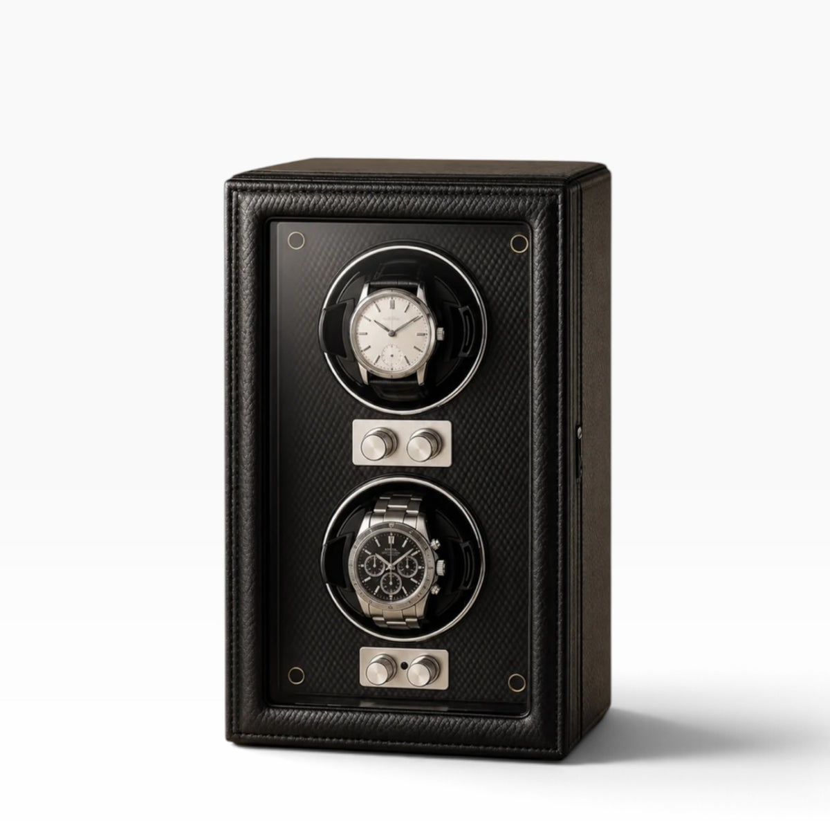 Remontoir pour montres automatiques en cuir PU noir, façade vitrée avec 2 montres
