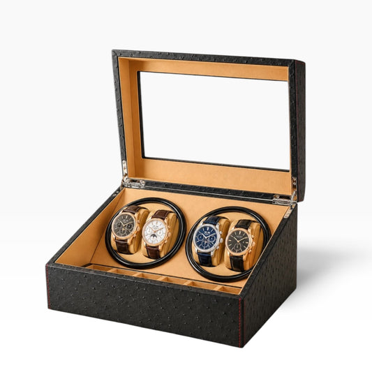 Remontoir automatique noir pour 4 montres, ouvert avec compartiment de rangement