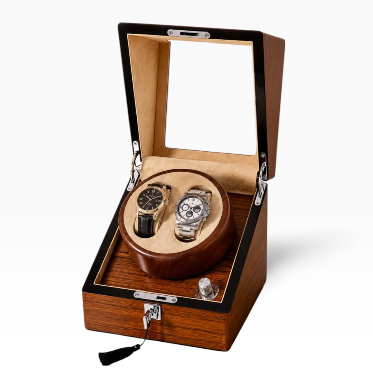 Remontoir automatique en bois, ouvert avec 2 montres