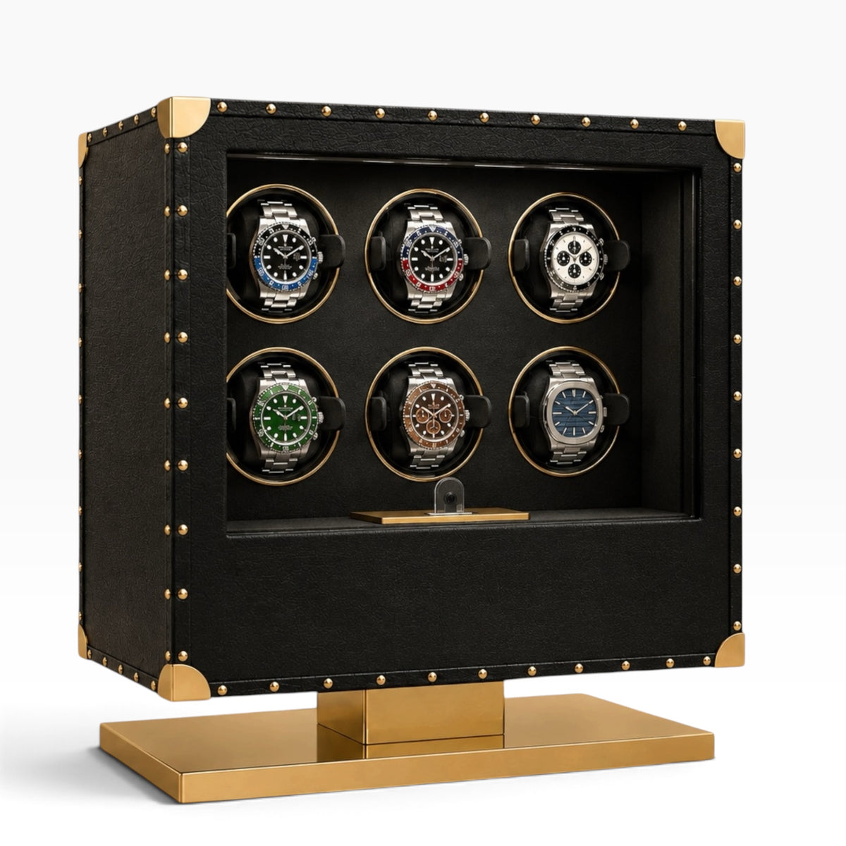 Remontoir automatique noir avec 6 montres, style malle, détails dorés, socle doré