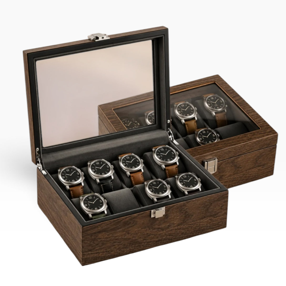 Boîte à montres en bois de noyer noir, ouverte avec 8 montres, avec une seconde boîte identique fermée à côté
